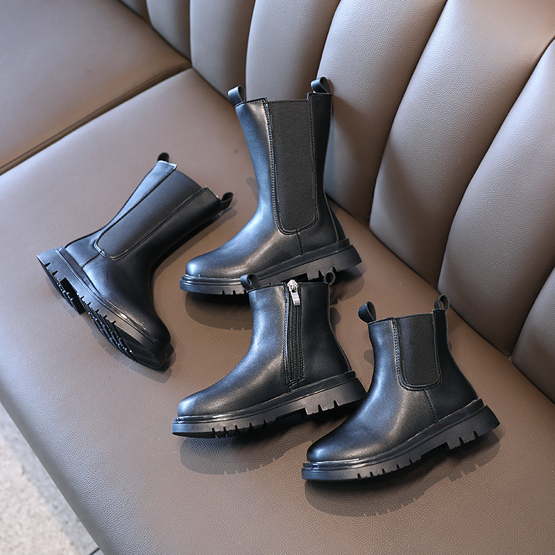 Children's Martin 2024 Spring and Autumn New Black Side Zipper Girls' Mid length British Style Pipe Boots Trend_voghion.com