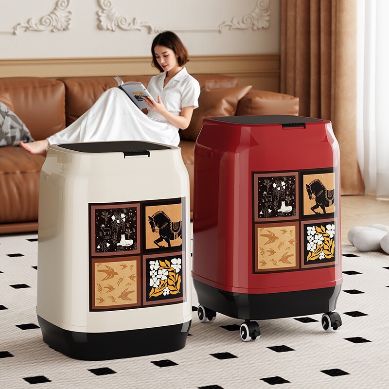 Household Retro-Style Square Trash Can with Press-Type Pop-Up Lid, Cleaning Bin for Bedroom and Living Room, with Wheels, Movable Storage Bin