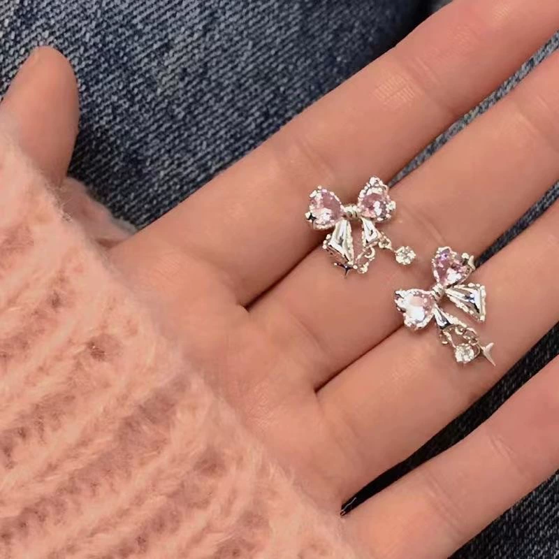 Bow Tassel Earrings, Universal Cute Studs with Crystals, Light-Luxury Style