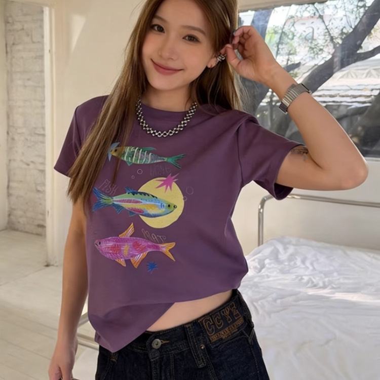 Purple Round Neck, Straight Shoulder, Pure Cotton, New Summer Short-Sleeved T-Shirt for Women, Korean Style Cartoon Design, Casual and Versatile Top for Women