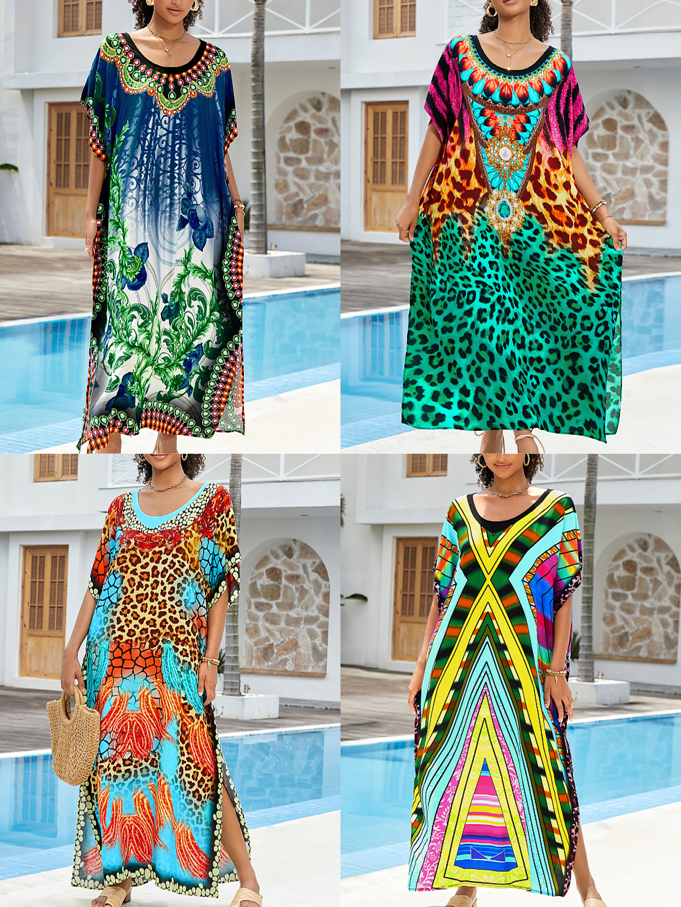 Camiseta de playa de algodón impresa bohemia vestido de vacaciones suelto vestido bikini blusa Y002