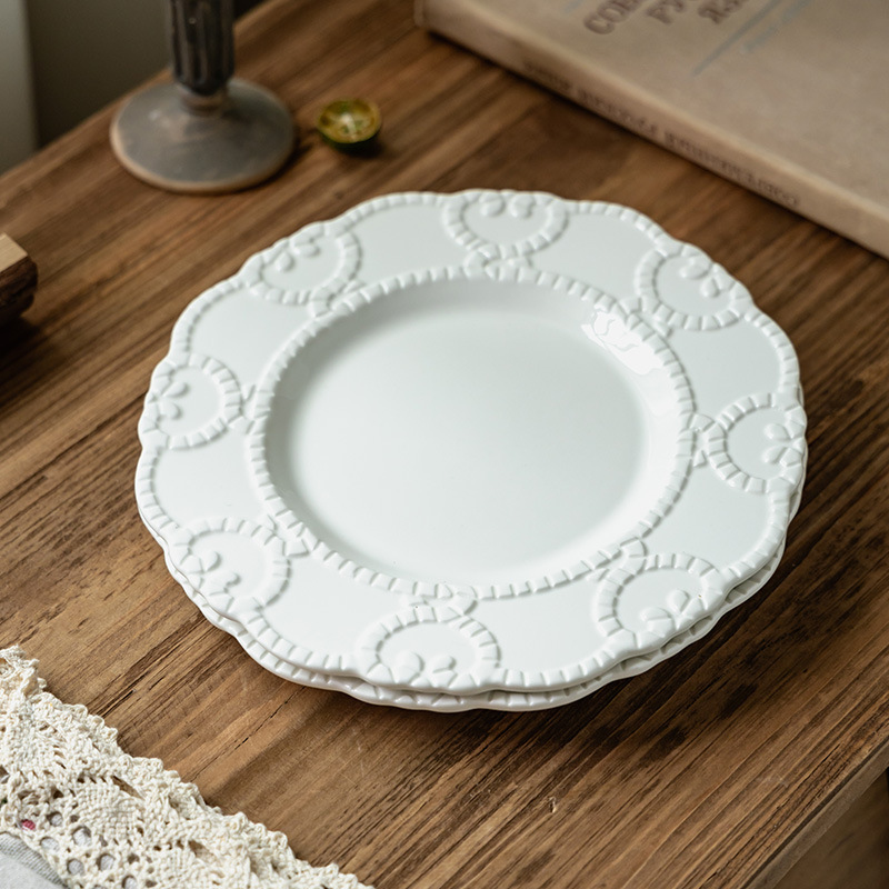 Plato de cerámica en relieve francés, plato de encaje, plato de postres de restaurante de alto nivel, plato creativo para el hogar, plato diario