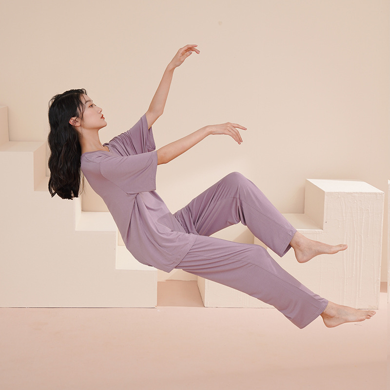 Modal Pajamas for Women, Spring and Summer Short-Sleeved Pants Set, Large Size, Can Be Worn Outside, Summer Women's Home Wear with Chest Pads