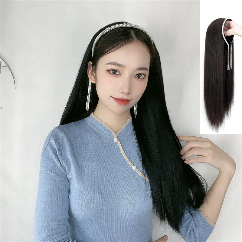 Korean hairband wig women's black long straight hair tassel hairband integrated chemical fiber wig half head cover factory supply Korean hairband wig women's black long straight hair tassel hairband integrated chemical fiber wig half head cover factory supply