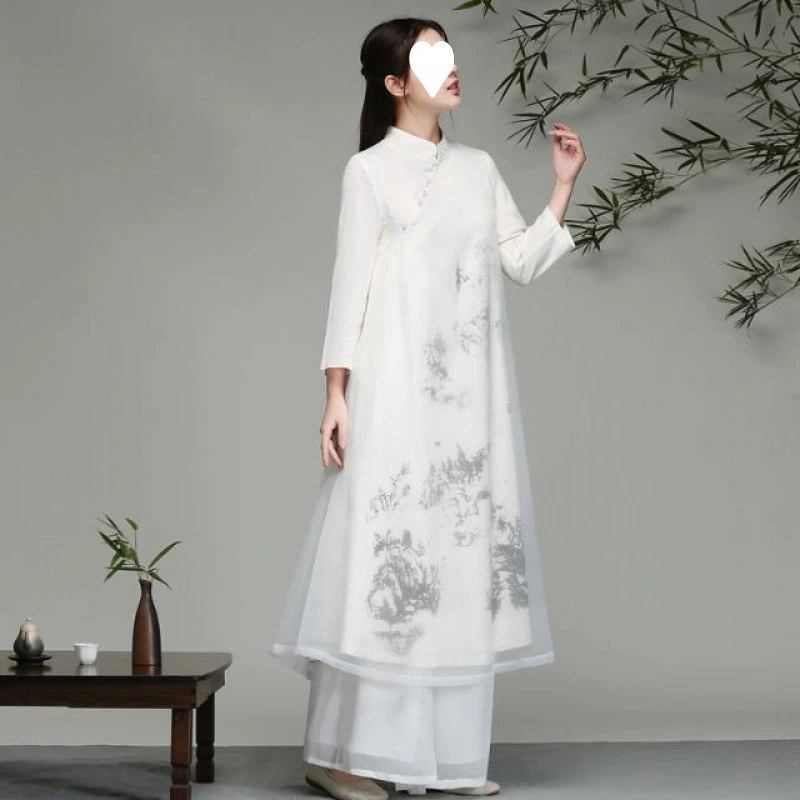 Одежда для женщин в стиле чайного дзен на осень и зиму, белый костюм дзен с чернилами, улучшенный костюм Тан, знаменитое ретро-платье в китайском стиле династии Хань