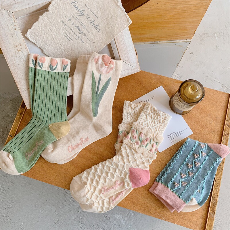 Spring and Summer socks female tulip girl artistic retro Women's Mid-calf Korean style trendy women's socks ins fashion Spring and Summer socks female tulip girl artistic retro Women's Mid-calf Korean style trendy women's socks ins fashion