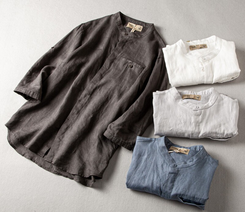 Spring and Autumn men's stand collar 3/4 sleeve mid-length shirt full linen breathable comfortable solid color loose casual men's shirt Spring and Autumn men's stand collar 3/4 sleeve mid-length shirt full linen breathable comfortable solid color loose casual men's shirt