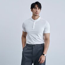 轻熟风纯色亨利领纯色短袖T恤男士夏季修身polo衫黑色立领半袖潮