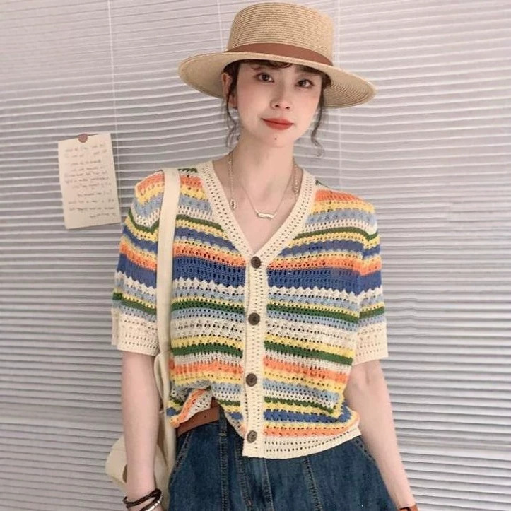 Colorful Striped Knit Cardigan for Women, European Style Summer 2026 New Fashion, Trendy Short Outerwear, Ice Silk Set Colorful Striped Knit Cardigan for Women, European Style Summer 2026 New Fashion, Trendy Short Outerwear, Ice Silk Set