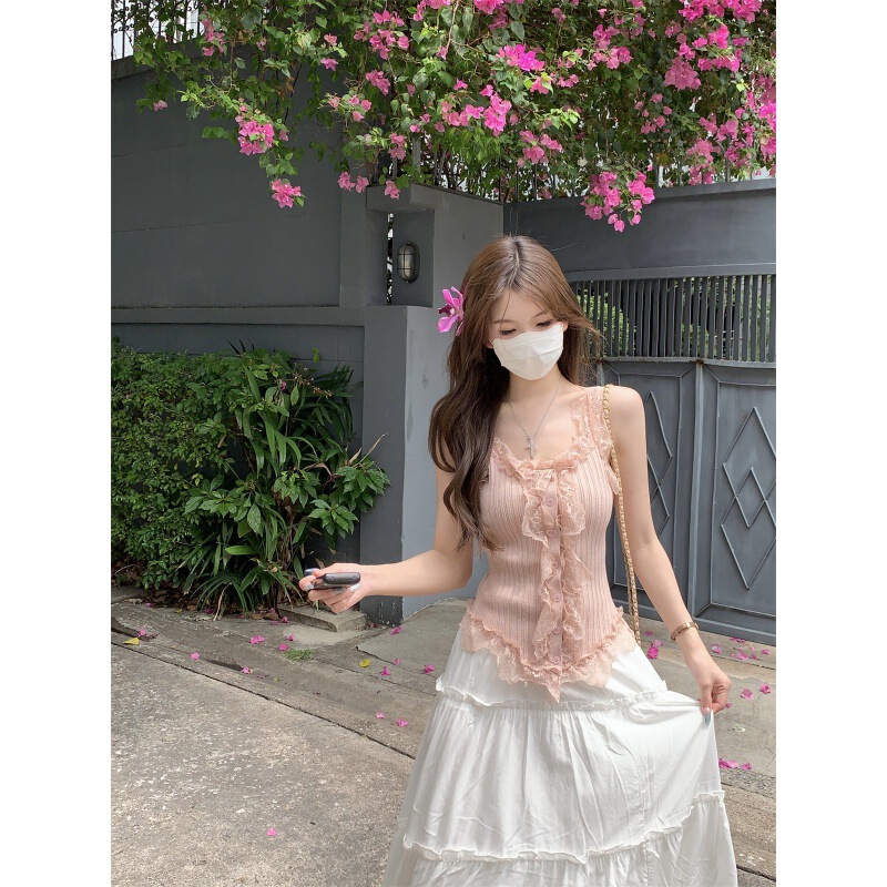 夏季新款设计感蕾丝拼接无袖背心吊带女夏季纯欲修身显瘦百搭短款|undefined