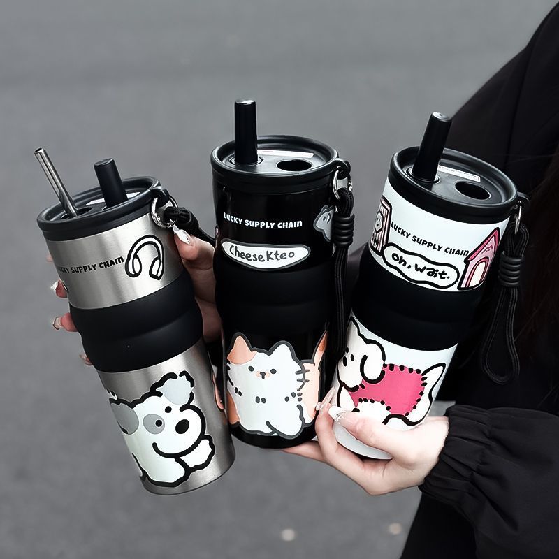 ポータブルコーヒーカップ、シンプルカップ、女性用大容量ウォーターカップ、車用ストローカップ、高価値セラミックライナー魔法瓶カップ|undefined