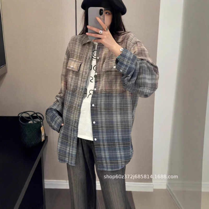 25 Spot New R Niche Design American Retro Brushed Plaid Old Gradient Shirt for Women, Same Style for Men and Women