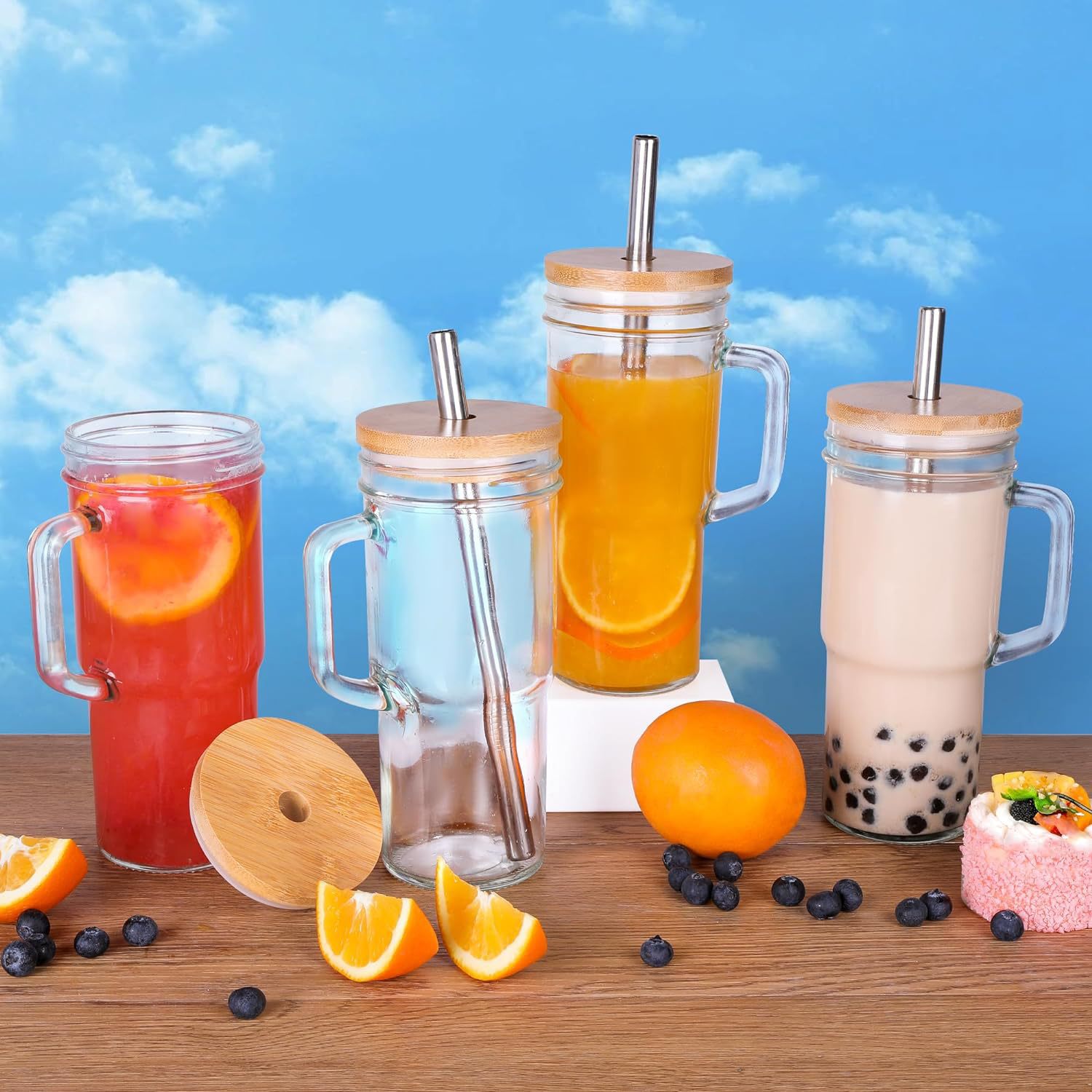 24oz Taza Mason de automóvil con mango de madera taza de bebida taza de vidrio de paja de gran capacidad taza de té de leche taza de paja taza de agua