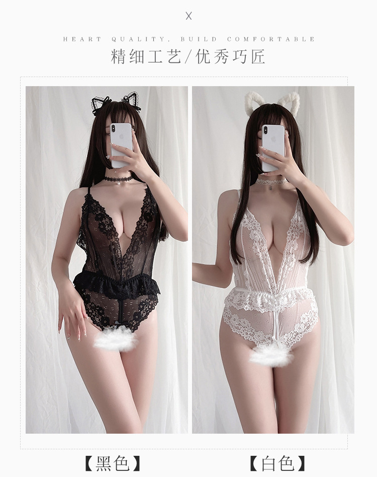 Lace See-through One-piece Bodysuit with Open Design, White, One Size — detail image 5
