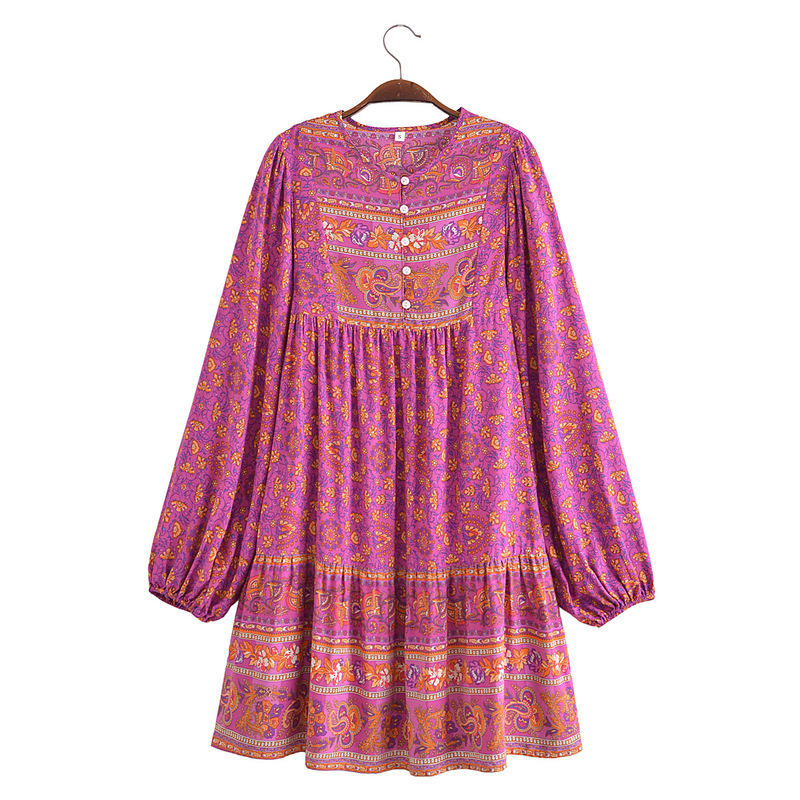 2022 Bo Xiamiya Style Autum Women's Rayon Positioning Printed Multi-layer Splicing Mid-length Dress