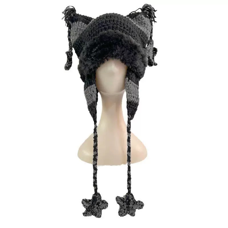 Hersteller Großhandel Little Devil Gestreifte handgestrickte Kreuzbordüre Xiaohongshu Gleiche Katzenohren Stern Hut Japanisch Einfach_voghion.com