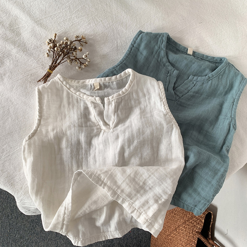 Boys' and Girls' Cotton and Sand Blouse, Thin and Breathable, Sleeveless, Hemmed Shoulder, Summer, Small and Medium Children, Korean Style Blouse, Trendy Children's Top