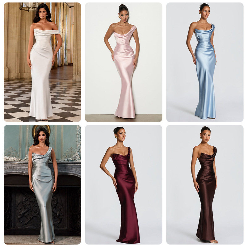 European and American New Style Pink Satin One-Shoulder Long Dress for Women, High-End Feel, Asymmetrical Shoulder, Back Tie, Waist-Cinching, Slim-Fit Long Dress European and American New Style Pink Satin One-Shoulder Long Dress for Women, High-End Feel, Asymmetrical Shoulder, Back Tie, Waist-Cinching, Slim-Fit Long Dress