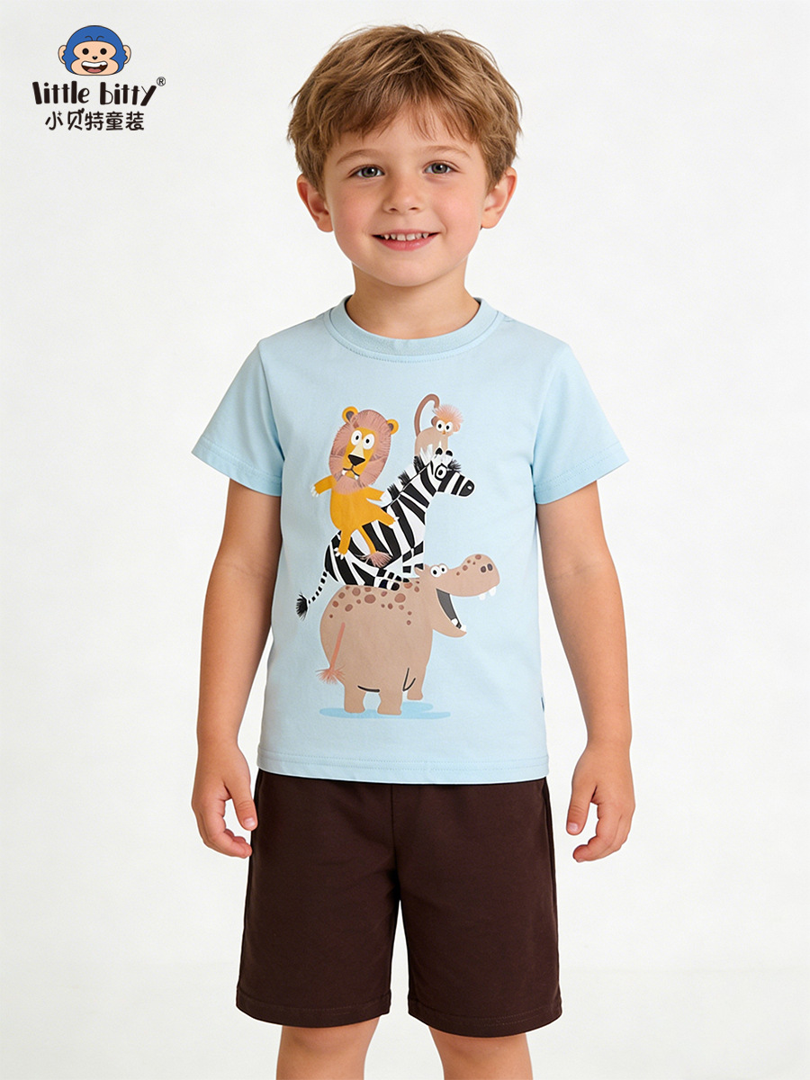 Cross-Border Supply 26Th Spring/Summer Children's Short-Sleeve Set with Cartoon Animal Print, Round Neck, Boys' Ready-To-Ship Set