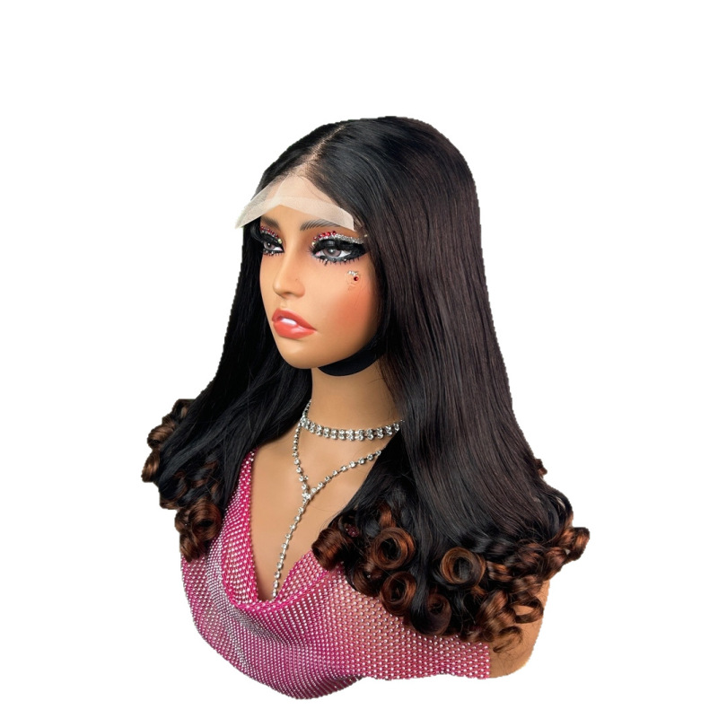 ヨーロッパとアメリカのヘアテールカーリーゴールデンブラウンウィッグヘッドギア5×5接着剤なしSDDフラワーカーリーウィッグ|undefined