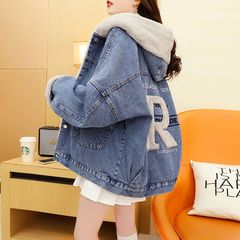 ベルベット肥厚文字刺繍多用途デニムジャケット女性のための 2025 新しい秋と冬のルーズで多用途な小さなトップ