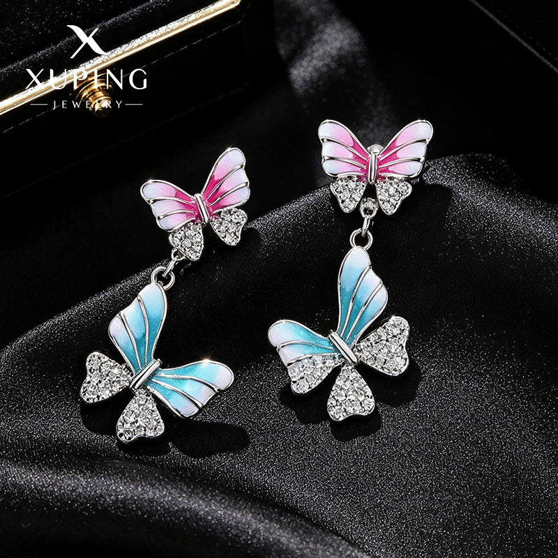 Xuping serie de goteo de aceite francés suave sensación de doble mariposa pendientes de zircon artificial pequeños pendientes frescos redondos para mujeres