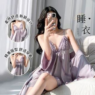 纯欲风木耳边吊带睡裙套装仿真丝透气V领设计夏季性感睡袍两件套