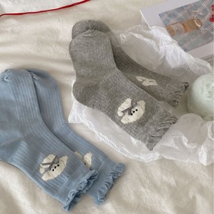 Korean Style College Style Cute Cartoon Bow Puppy Socks Women's Blue Lolita Soft Girl's All-Match Mid-Length Socks