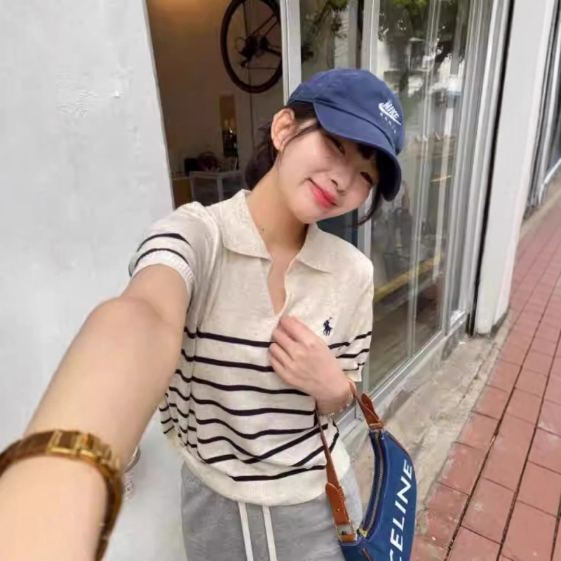 夏季POLO领T恤女藏蓝色条纹短袖人头马刺绣翻领t恤冰丝通勤|undefined