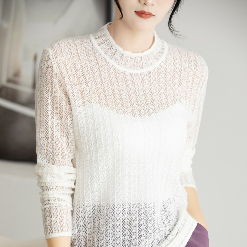 High-Quality Imitation Wool Fully Hollowed-Out Half-High Collar Solid Color Long-Sleeve Knit Base Shirt, New Versatile Autumn Women's Top