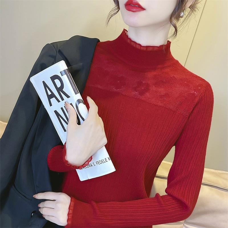 レースの上着の女性の春秋の婦人服の2025年の新型の洋気は長袖のニットのプルオーバーのセーターの底のシャツに入ります。|undefined
