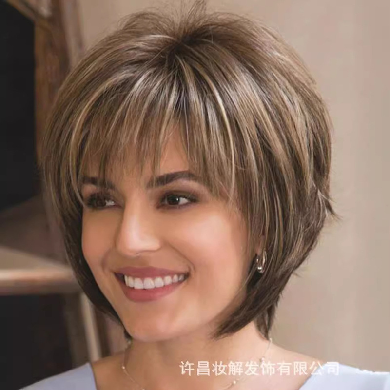 Women's Bangs Short Hair Wig Dark Brown Mixed Blonde Elf Cut Women's Straight Synthetic Fiber Wig