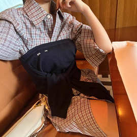 高品质MU家格纹裹胸式衬衫裙两件套韩系复古设计感套装早春新款女