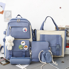 Cross-border canvas double shoulder bag, new middle school student double shoulder backpack for girls, large capacity Korean-style five-piece set student school bag