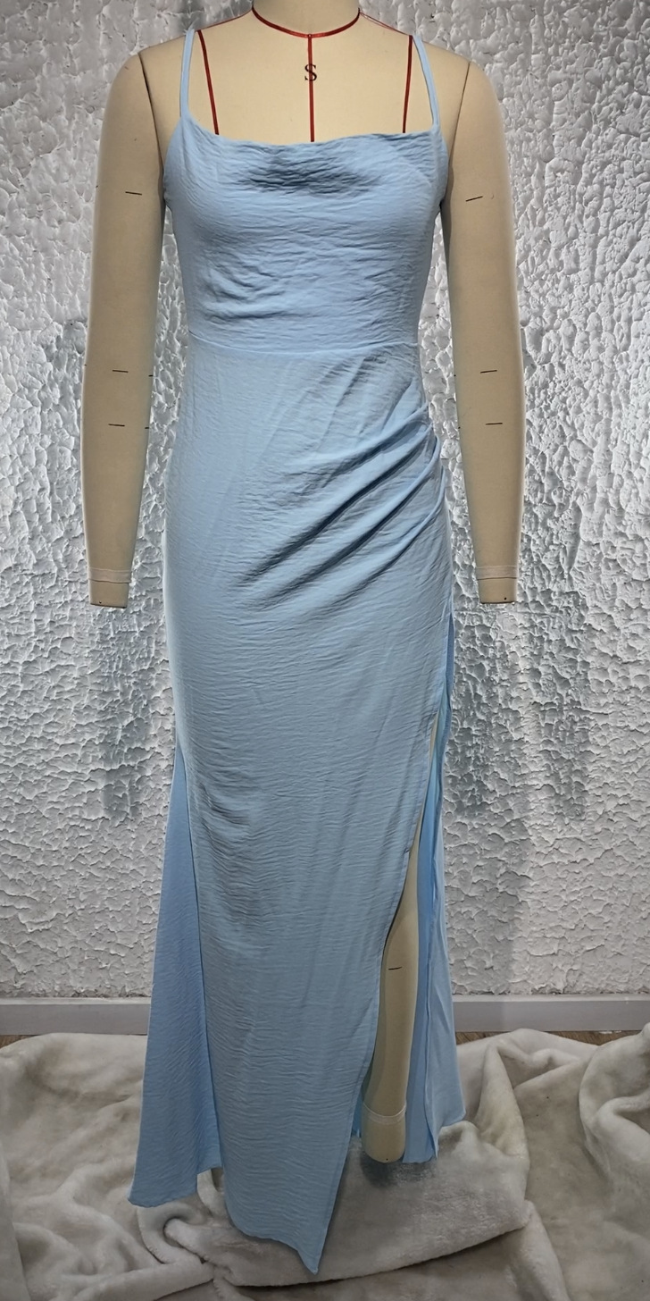 Robe longue à bretelles fendues, couleur unie, été 2023_voghion.com