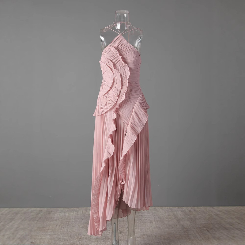 Cross-Border High-Quality Chiffon Dress for Women, High-End Temperament, Ruffled Pleated Halterneck, Backless Holiday Party Long Dress