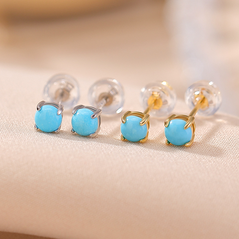 Khuyên tai bạc S925 mạ vàng đính đá turquoise hình học vintage — Loại bạc