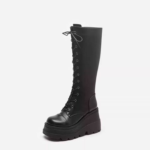 Lace-up ankle boots with 20cm thick sole motorcycle boots that do not reach the knee and show thin high boots 