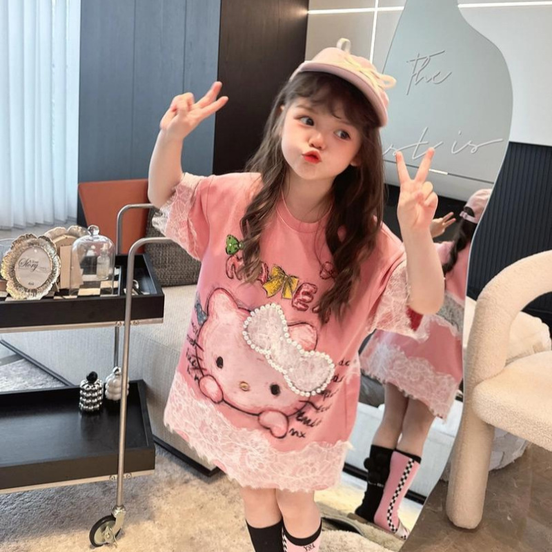 [新しいスタイル] レース KT 漫画 Tシャツ韓国半袖女の子夏のかわいいドレスアウターカジュアルトップ|undefined