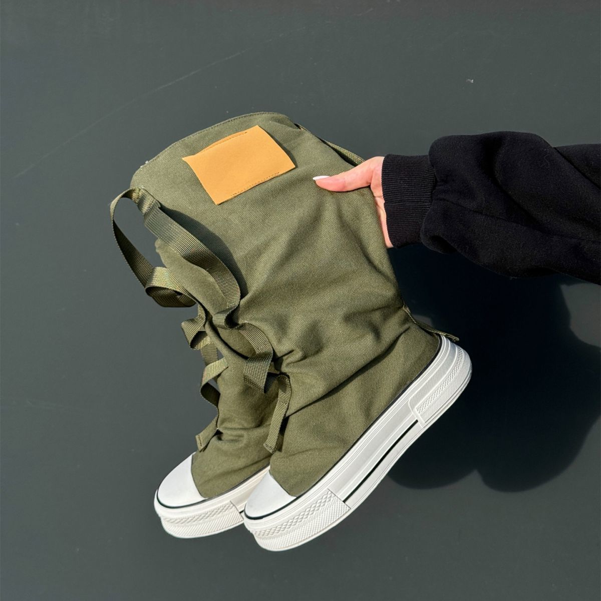 靴子女夏2025新款欧洲站小众帆布堆堆靴厚底高级感工装西部牛仔靴