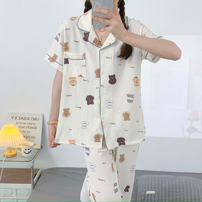 Pantalones de manga corta al por mayor transfronterizos, rebeca, pijamas, traje de dos piezas con estampado de solapa arrugada de burbujas de verano para mujer, ropa para el hogar