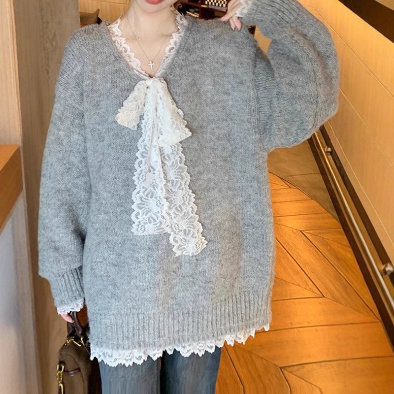 2025早秋小众女装韩系蕾丝拼接百搭打底纯色针织衫套头毛衣女|undefined
