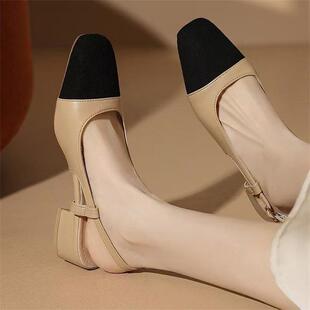 2025 New Summer Retro Mid-heel Colorblock Single-layer Shoes Empty High-heeled Shoes with Chanel Style Women's Toe Sandals