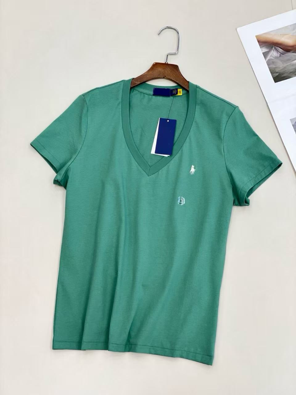 可扫码RL拉夫棉刺绣小马标V领T恤舒适薄款透气简约女短袖通勤休闲