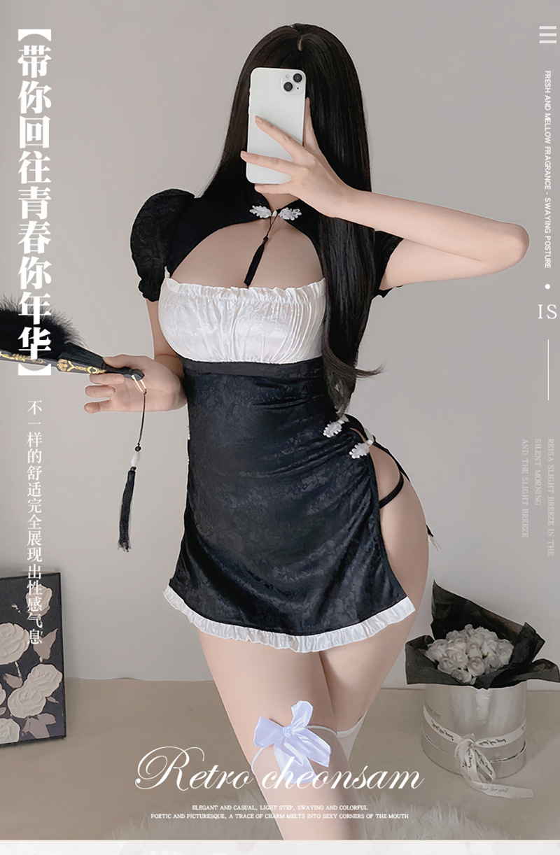 Retro Hanfu-Style Cheongsam Lingerie Set with Thong and White Stockings — detail image 1