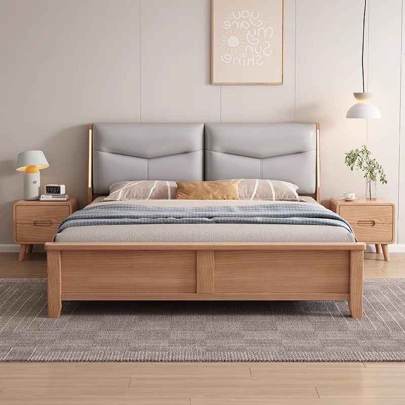 Cama de madera maciza moderna y simple, 1.8m cama doble, 1.5m lámpara nocturna inteligente, muebles de almacenamiento nórdicos suaves