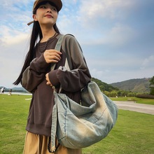 复古做旧牛仔布包女2025新款大容量托特包男休闲慵懒风单肩斜挎包