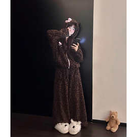 复古豹纹HelloKitty睡衣女秋冬季珊瑚绒加厚款连帽可爱居家服套装