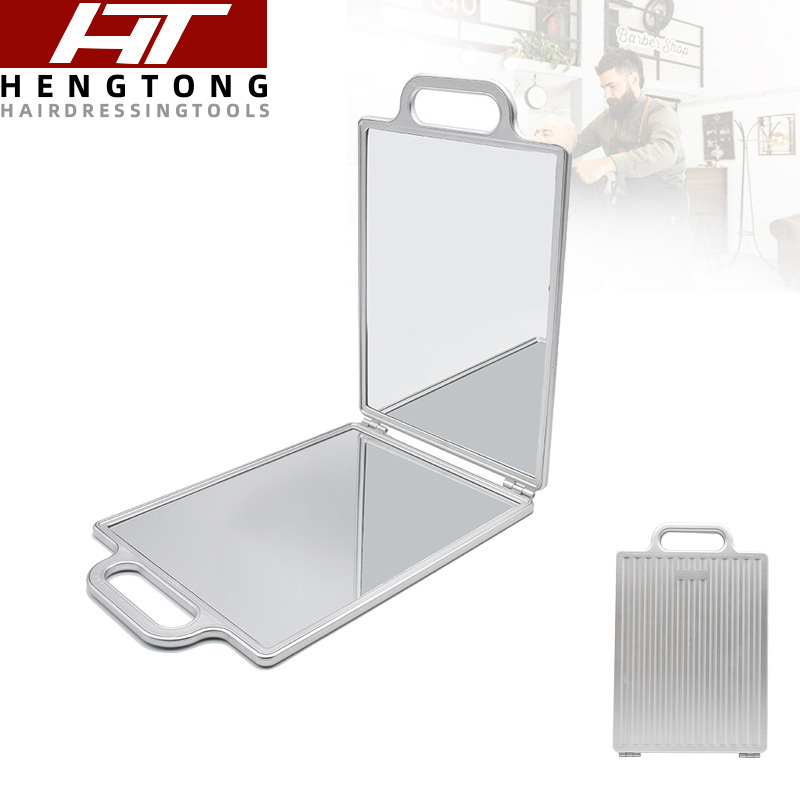 Peluquería plegable material de aluminio de doble cara de maquillaje salón de pelo hogar espejo retrovisor cuadrado blanco rayado espejo de doble cara