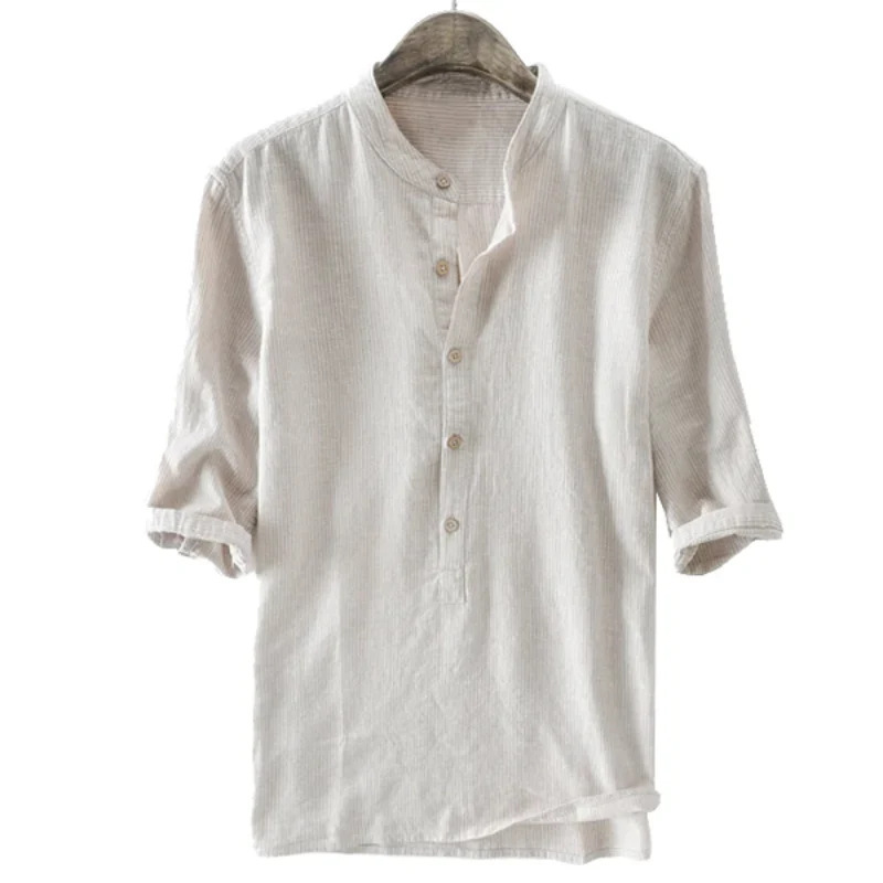 2025 Cross-border Hot Selling Five-button Vertical Collar Long Sleeve Shirt Slub European Size Men's Shirt